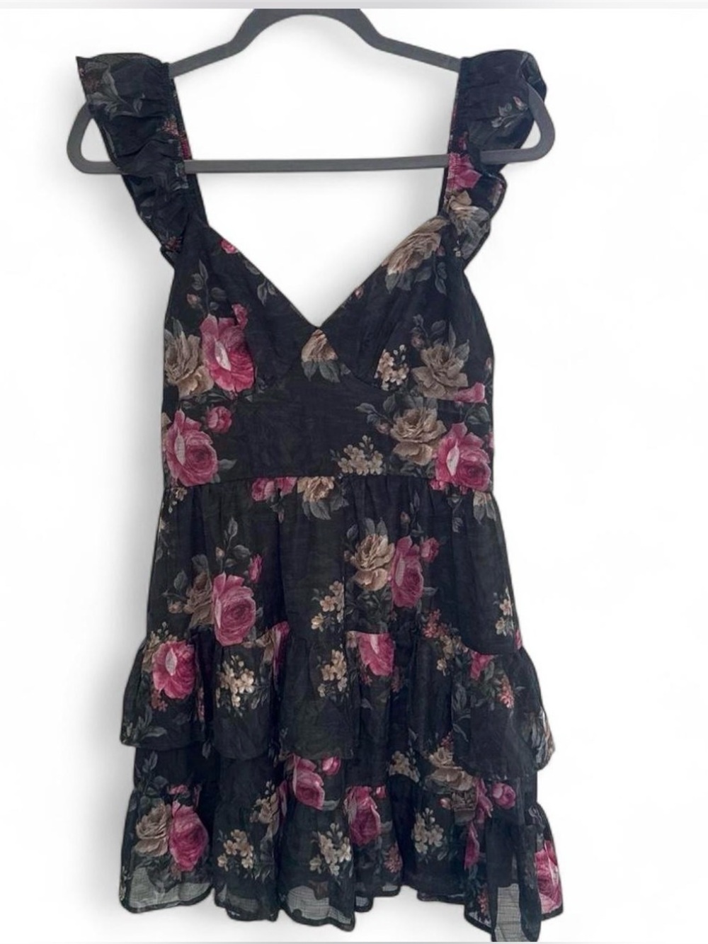 Francesca's Collections Black Floral Ruffle Tiered V-Neck Tunic